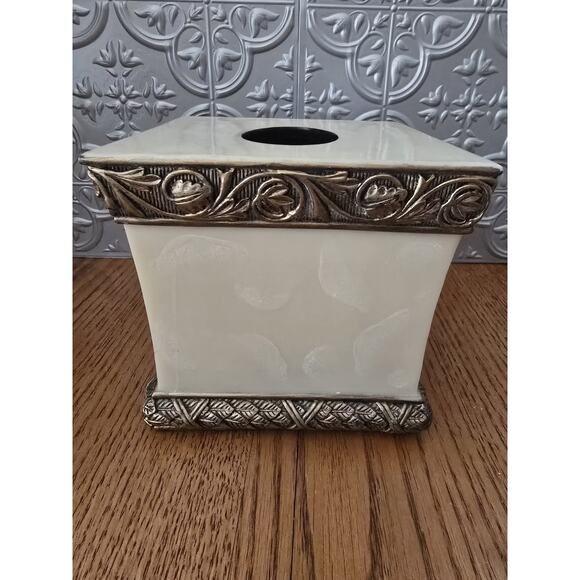 Vintage Bronze & Ivory Faux Marble Pearl Tissue Box Cube Cover - Picture 1 of 7